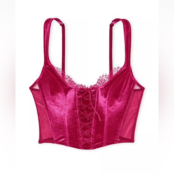 PINK Victoria’s Secret Corset Top S Pink Velvet Lace-Up unlined Y2K Festival NWT - Picture 2 of 6